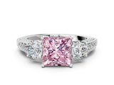 White gold Fancy Pink Princess Cut Three-Stone Diamond Ring with Pavé Band and Four-Prong Setting_12