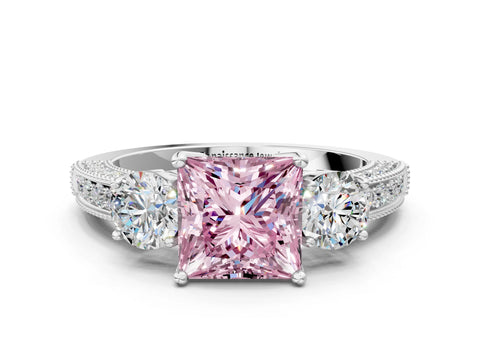 White gold Fancy Pink Princess Cut Three-Stone Diamond Ring with Pavé Band and Four-Prong Setting_12