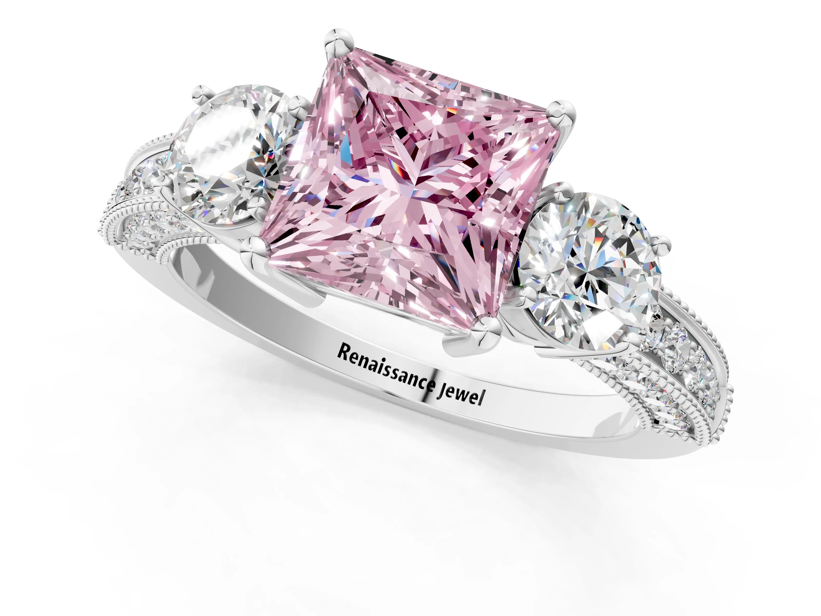 White gold Fancy Pink Princess Cut Three-Stone Diamond Ring with Pavé Band and Four-Prong Setting_13