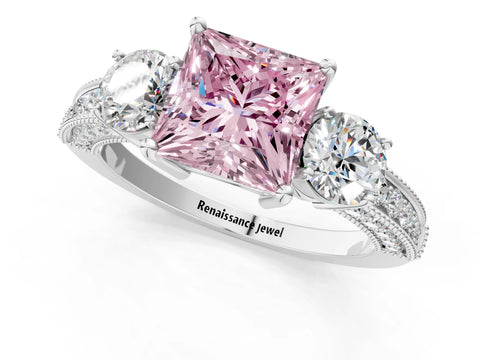 White gold Fancy Pink Princess Cut Three-Stone Diamond Ring with Pavé Band and Four-Prong Setting_13