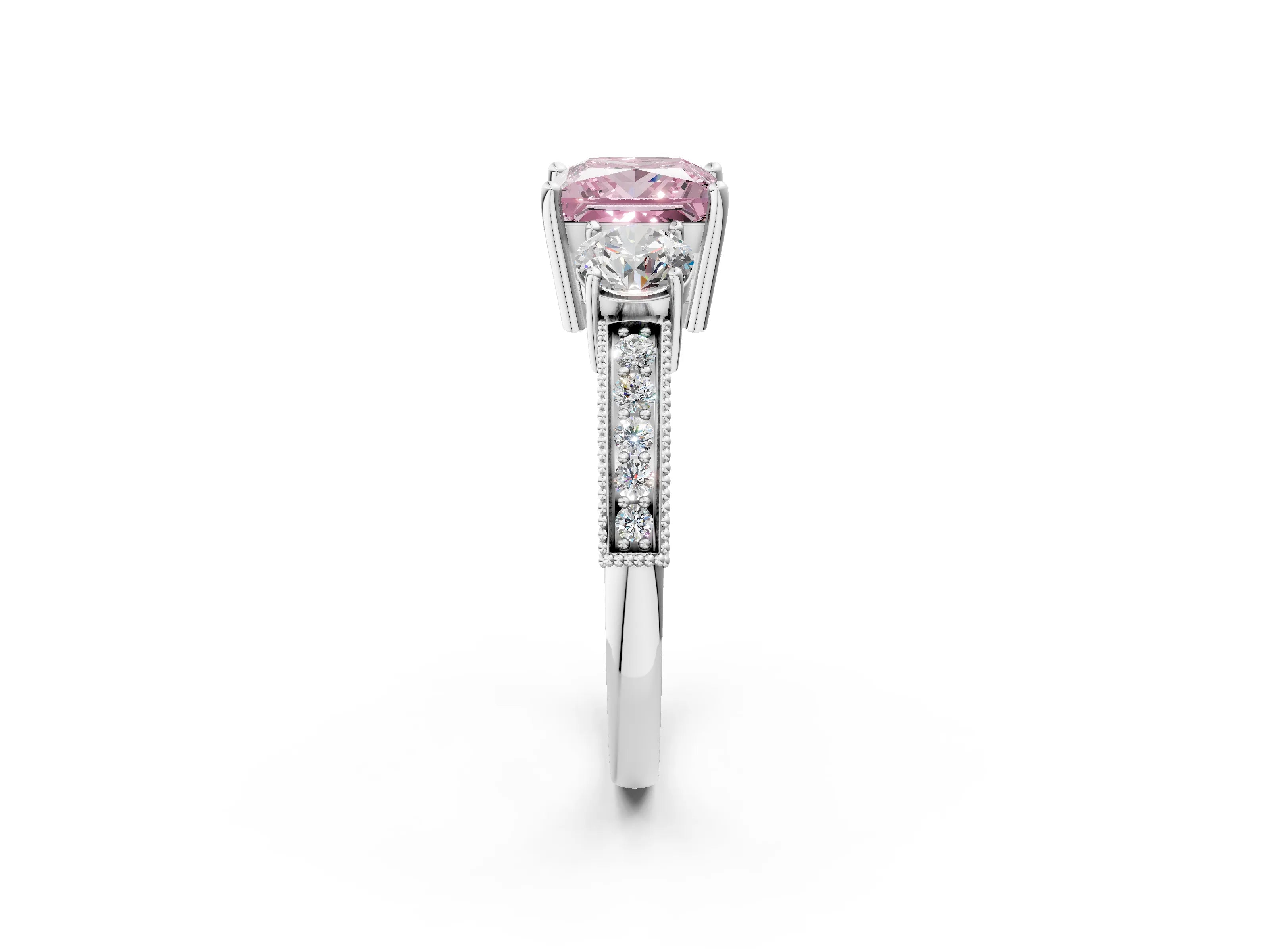 White gold Fancy Pink Princess Cut Three-Stone Diamond Ring with Pavé Band and Four-Prong Setting_14