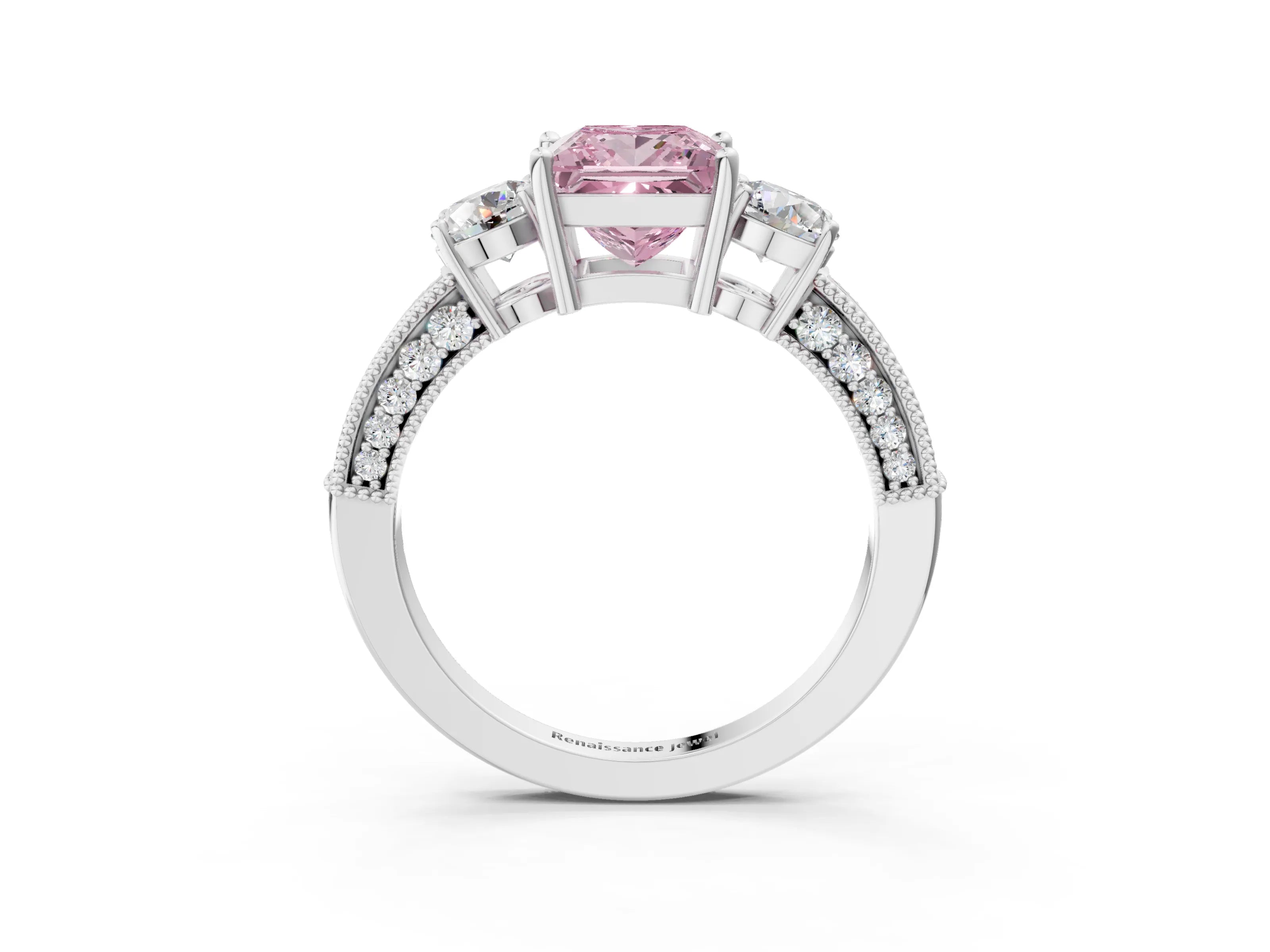 White gold Fancy Pink Princess Cut Three-Stone Diamond Ring with Pavé Band and Four-Prong Setting_15