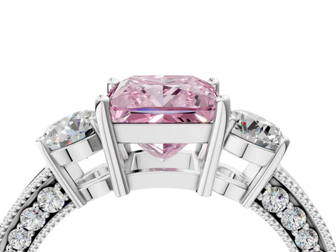 White gold Fancy Pink Princess Cut Three-Stone Diamond Ring with Pavé Band and Four-Prong Setting_16