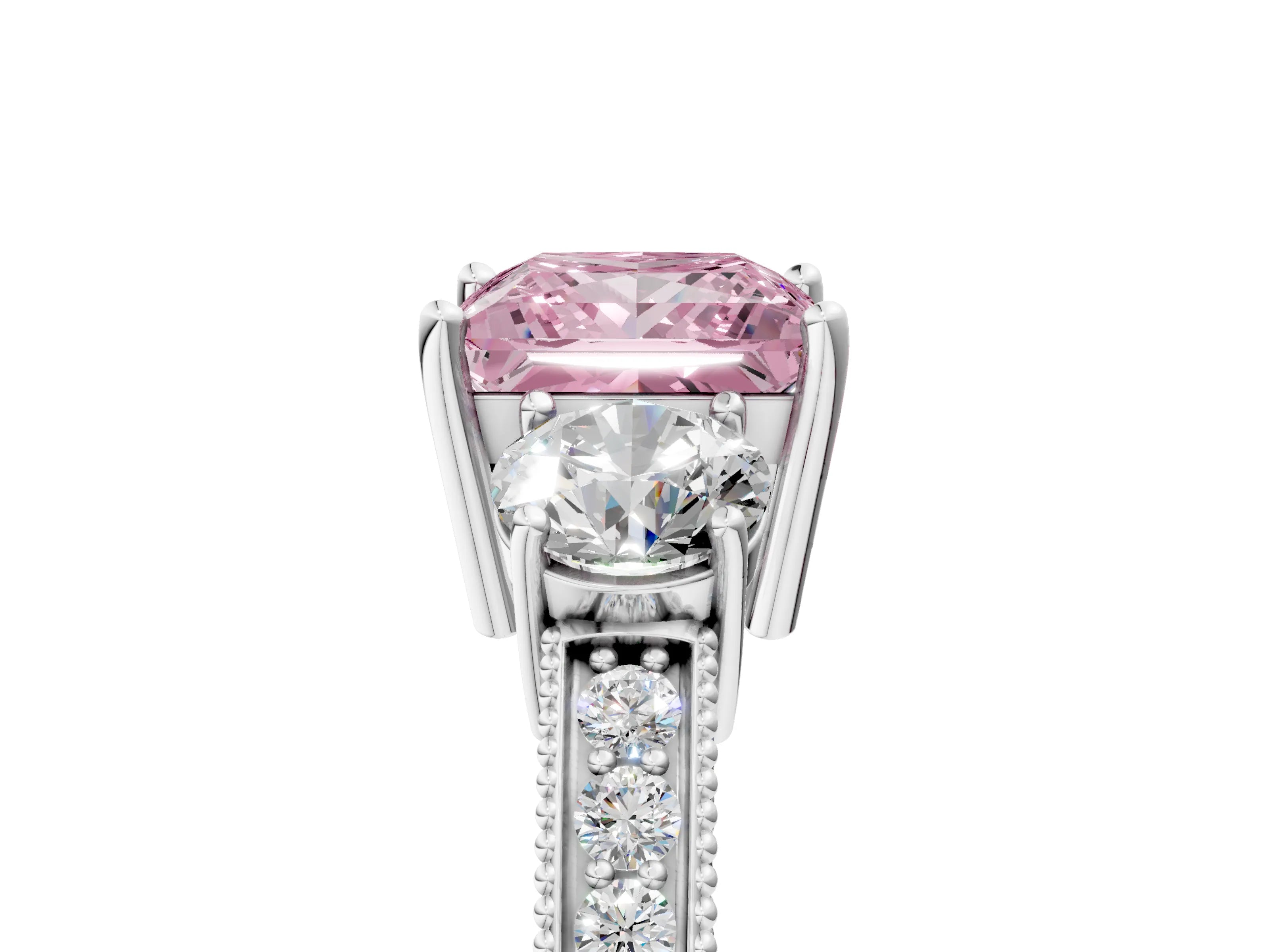 White gold Fancy Pink Princess Cut Three-Stone Diamond Ring with Pavé Band and Four-Prong Setting_17