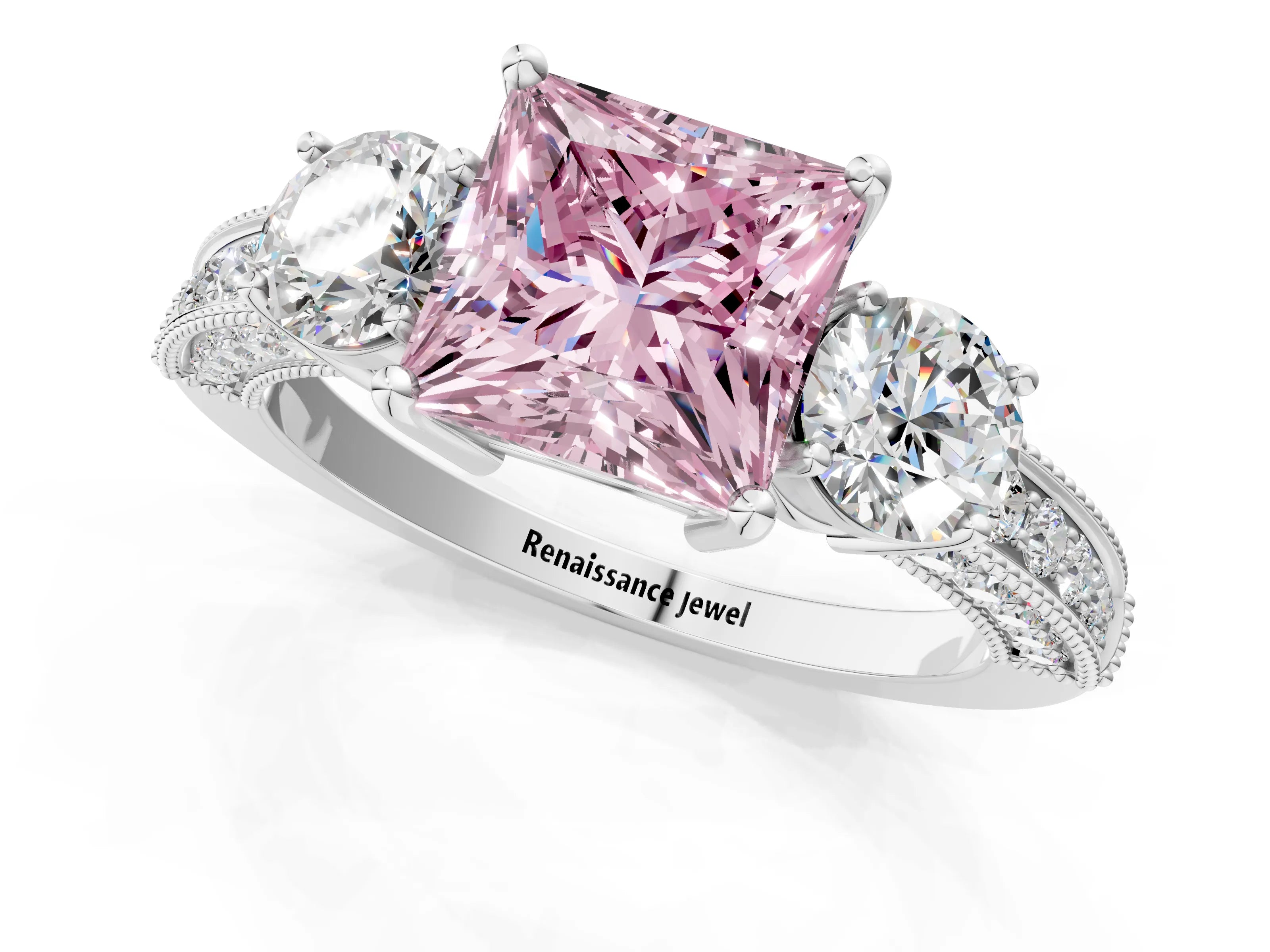 White gold Fancy Pink Princess Cut Three-Stone Diamond Ring with Pavé Band and Four-Prong Setting_1