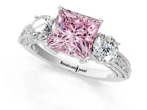 White gold Fancy Pink Princess Cut Three-Stone Diamond Ring with Pavé Band and Four-Prong Setting_1