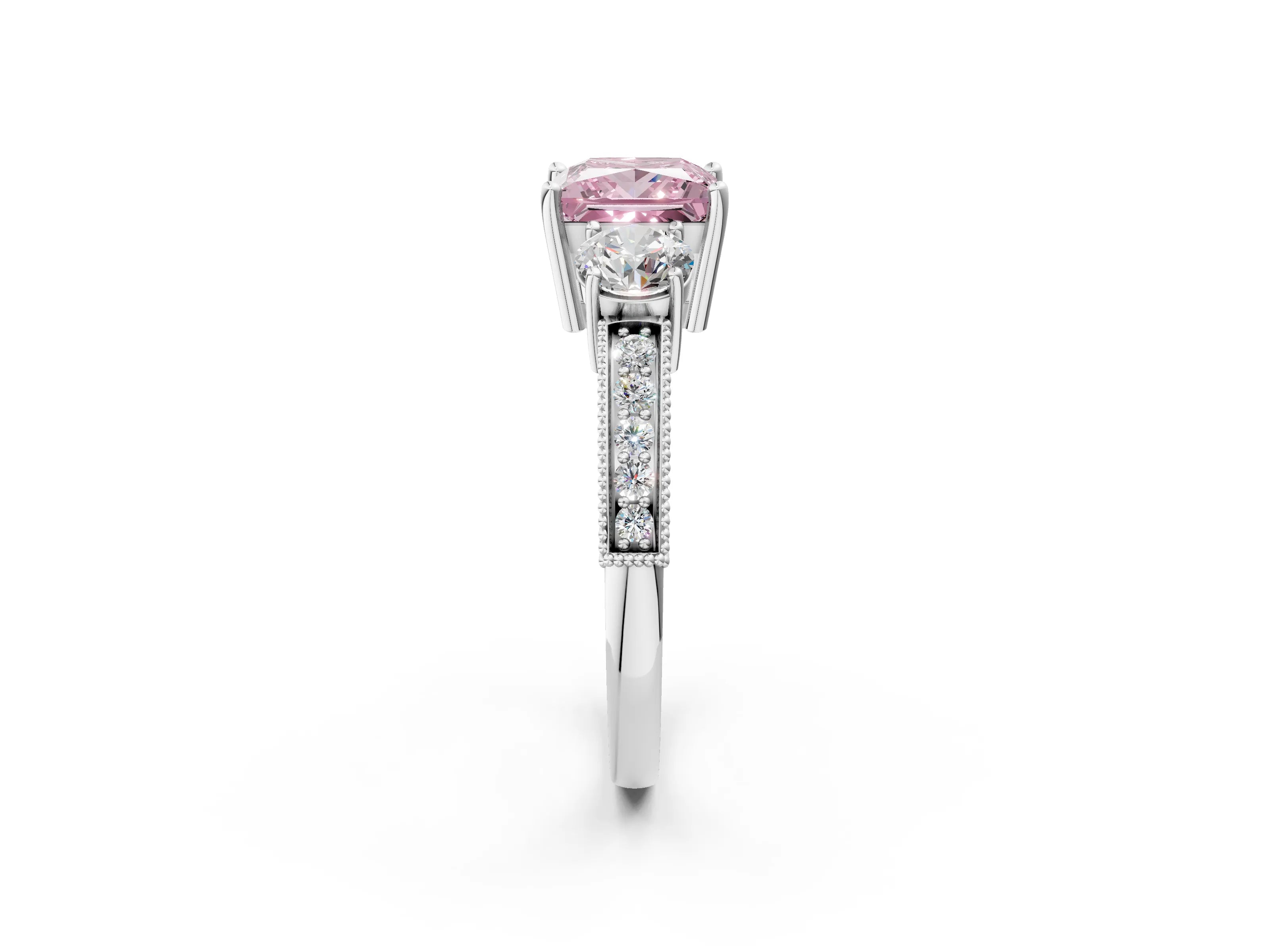 White gold Fancy Pink Princess Cut Three-Stone Diamond Ring with Pavé Band and Four-Prong Setting_2