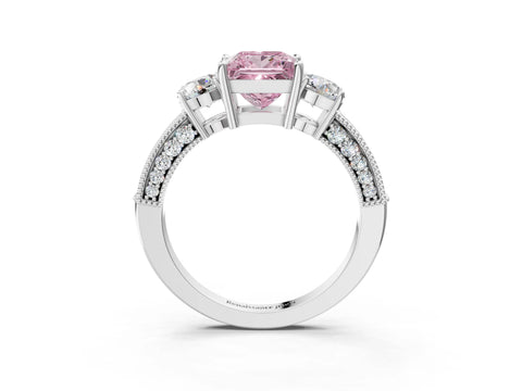 White gold Fancy Pink Princess Cut Three-Stone Diamond Ring with Pavé Band and Four-Prong Setting_3