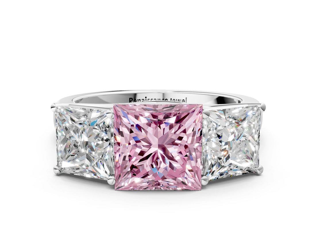 White gold Fancy Pink Princess Cut Three-Stone Diamond Ring with Prong Setting on a Classic Band_12