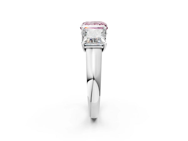 Platinum Fancy Pink Princess Cut Three-Stone Diamond Ring with Prong Setting on a Classic Band