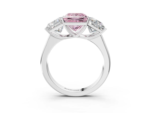 Platinum Fancy Pink Princess Cut Three-Stone Diamond Ring with Prong Setting on a Classic Band
