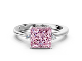 White gold Fancy Pink Princess  Cut Three-Stone Solitaire Ring with Round Accent Diamonds and Four-Prong Setting