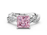 White gold Fancy Pink Princess  Cut Twisted Pavé Band Solitaire Ring with Four-Prong Setting