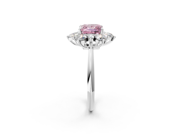 White gold Fancy Pink Princess  Diamond Cluster Halo Ring with Solitaire Band and Four-Prong Setting
