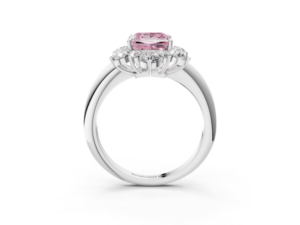 White gold Fancy Pink Princess  Diamond Cluster Halo Ring with Solitaire Band and Four-Prong Setting