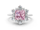 White gold Fancy Pink Princess  Diamond Cluster Halo Ring with Solitaire Band and Four-Prong Setting