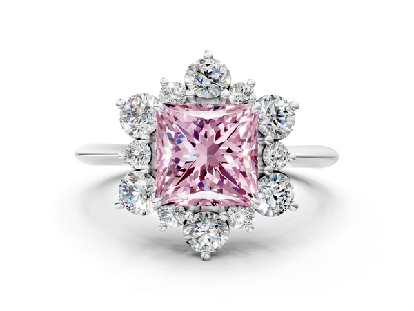 White gold Fancy Pink Princess  Diamond Cluster Halo Ring with Solitaire Band and Four-Prong Setting