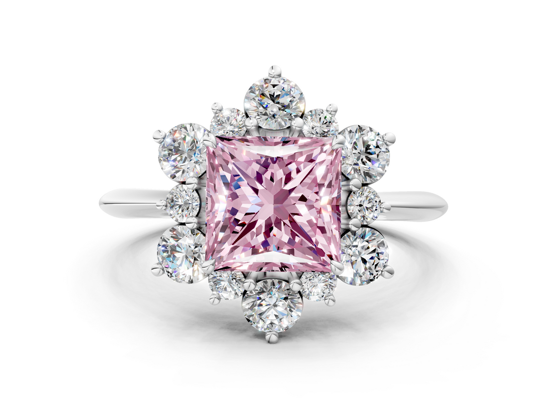 White gold Fancy Pink Princess  Diamond Cluster Halo Ring with Solitaire Band and Four-Prong Setting