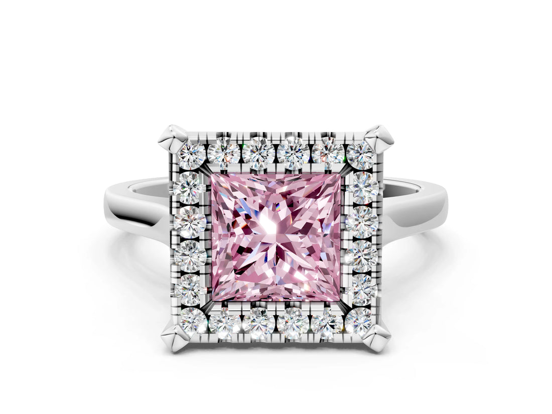 White gold Fancy Pink Princess  Diamond Cluster Halo Solitaire with Four-Prong Setting_35