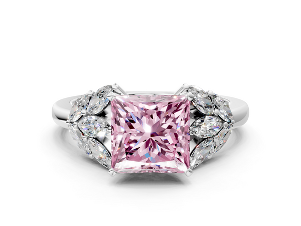 Platinum Fancy Pink Princess  Diamond Cluster Leaf Design Ring with Prong Setting