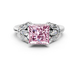 White gold Fancy Pink Princess  Diamond Cluster Leaf Design Ring with Prong Setting
