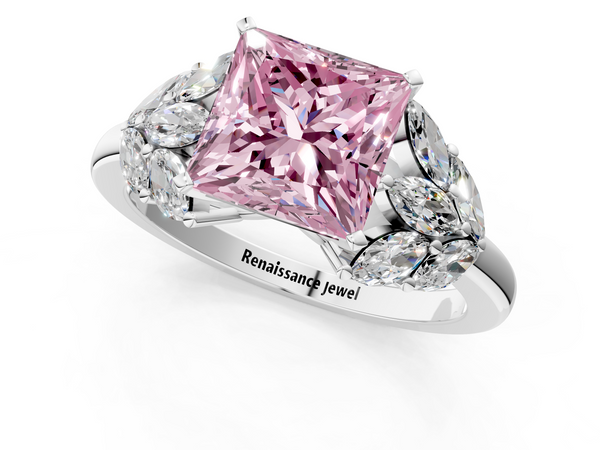 Platinum Fancy Pink Princess  Diamond Cluster Leaf Design Ring with Prong Setting