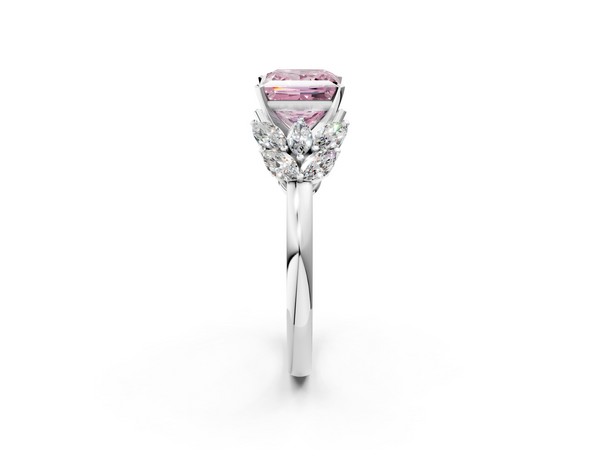 Platinum Fancy Pink Princess  Diamond Cluster Leaf Design Ring with Prong Setting