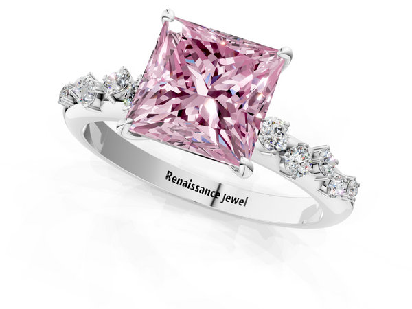 White gold Fancy Pink Princess  Diamond Cluster Prong-Set Solitaire Ring
