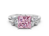 White gold Fancy Pink Princess  Diamond Floral Cluster Ring with Solitaire Band and Prong Setting