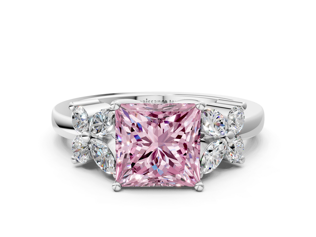 White gold Fancy Pink Princess  Diamond Floral Cluster Ring with Solitaire Band and Prong Setting