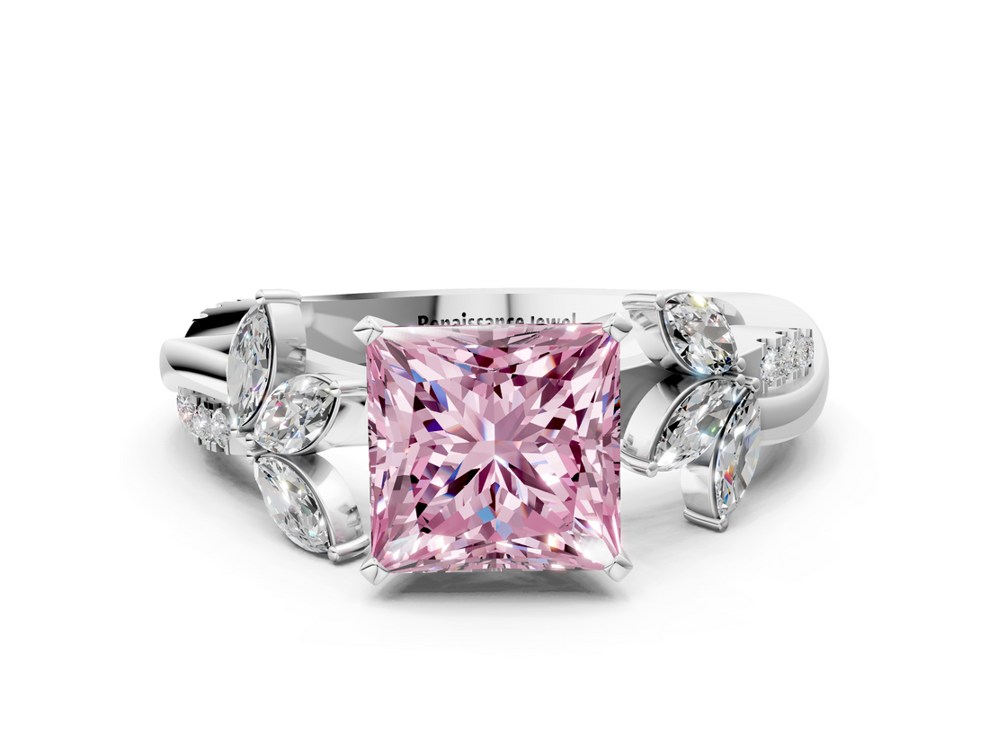 White gold Fancy Pink Princess  Diamond Floral Vine Solitaire Engagement Ring