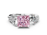 White gold Fancy Pink Princess  Diamond Floral Vine Solitaire Engagement Ring