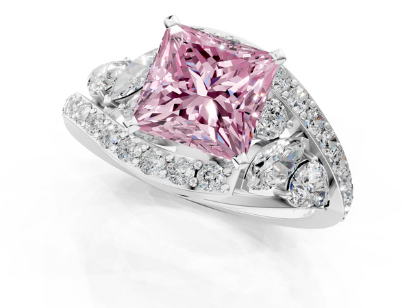 White gold Fancy Pink Princess  Diamond Halo Ring with Marquise and Pavé Band in Prong Setting