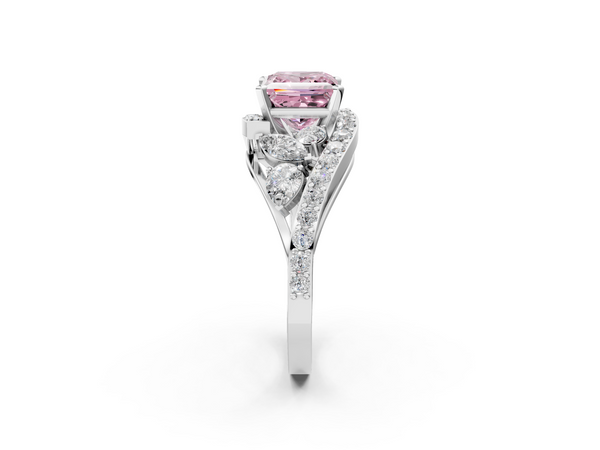 White gold Fancy Pink Princess  Diamond Halo Ring with Marquise and Pavé Band in Prong Setting