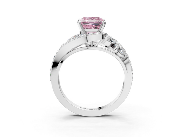 White gold Fancy Pink Princess  Diamond Halo Ring with Marquise and Pavé Band in Prong Setting