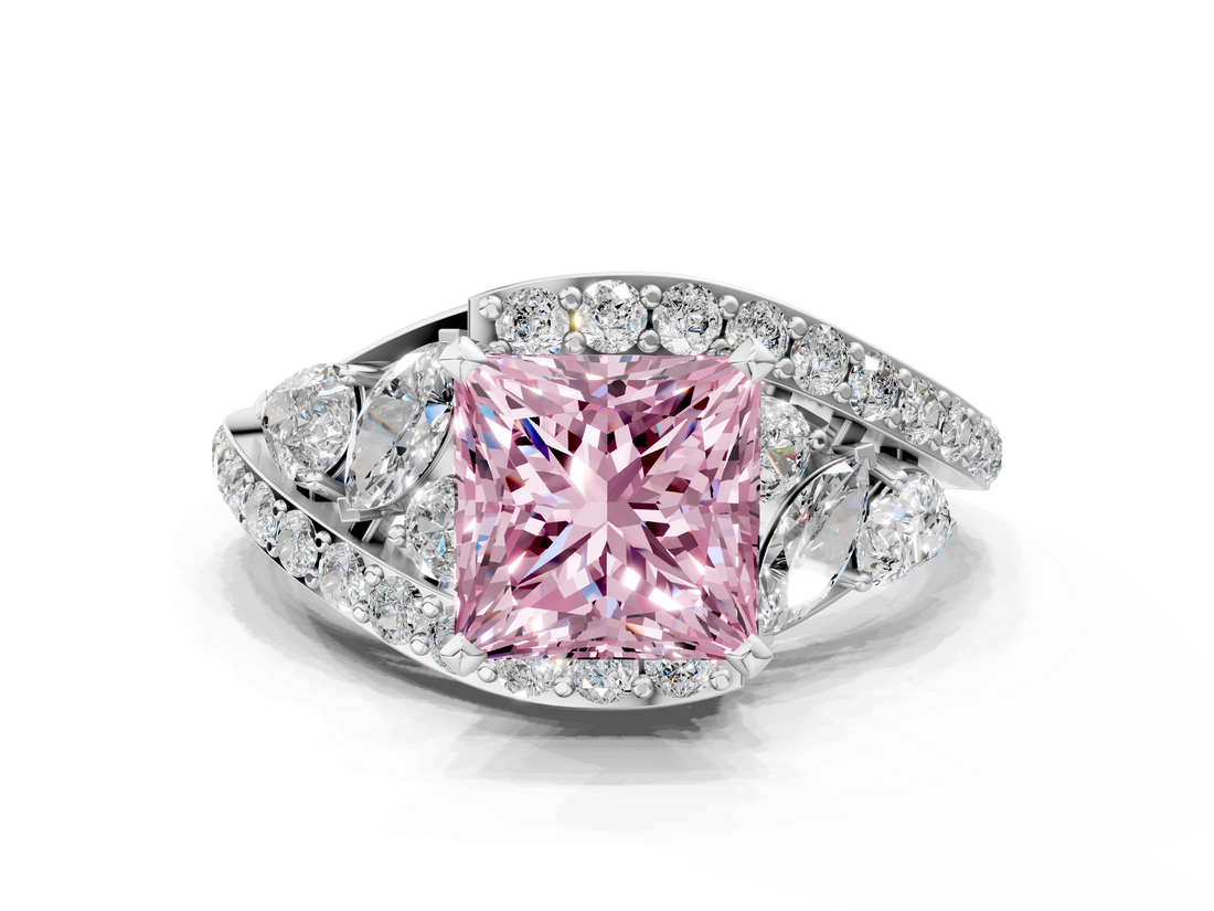 White gold Fancy Pink Princess  Diamond Halo Ring with Marquise and Pavé Band in Prong Setting