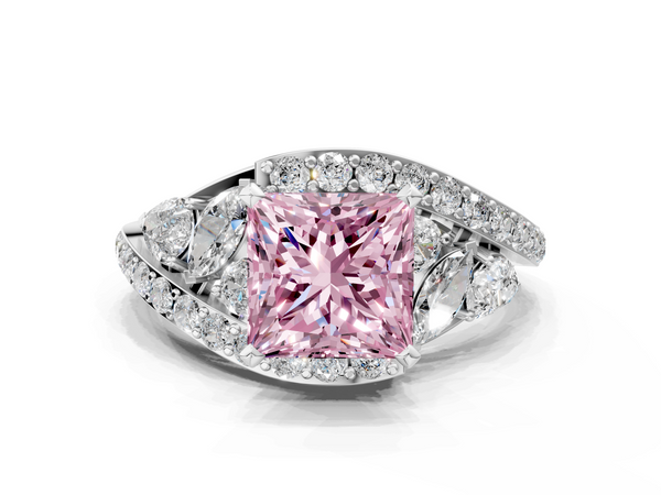 White gold Fancy Pink Princess  Diamond Halo Ring with Marquise and Pavé Band in Prong Setting