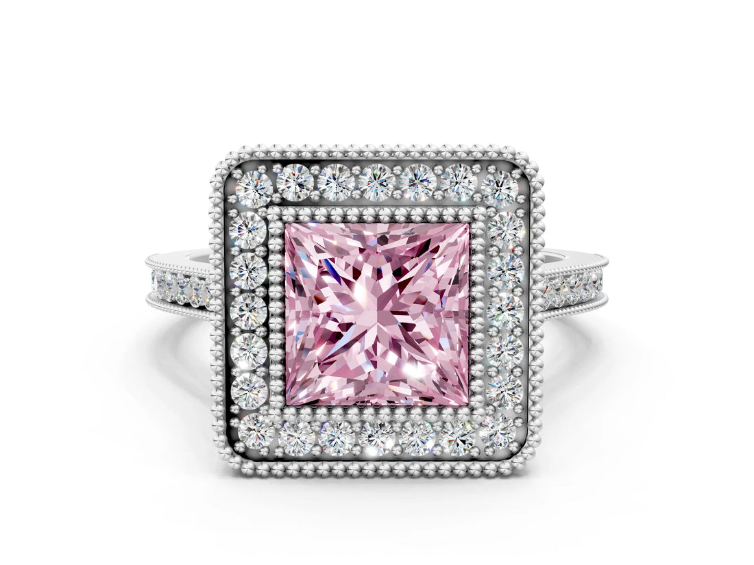 White gold Fancy Pink Princess  Diamond Halo Ring with Milgrain Frame and Pavé Band_35