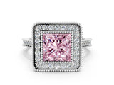 White gold Fancy Pink Princess  Diamond Halo Ring with Milgrain Frame and Pavé Band_35