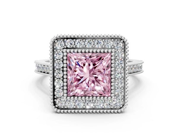 White gold Fancy Pink Princess  Diamond Halo Ring with Milgrain Frame and Pavé Band