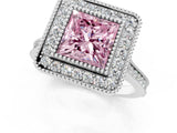 White gold Fancy Pink Princess  Diamond Halo Ring with Milgrain Frame and Pavé Band_36