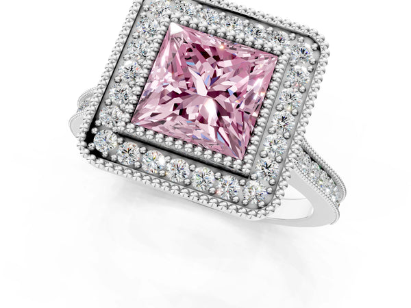 White gold Fancy Pink Princess  Diamond Halo Ring with Milgrain Frame and Pavé Band