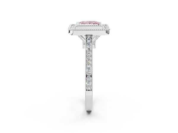 White gold Fancy Pink Princess  Diamond Halo Ring with Milgrain Frame and Pavé Band