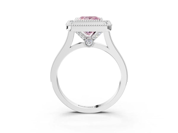 White gold Fancy Pink Princess  Diamond Halo Ring with Milgrain Frame and Pavé Band