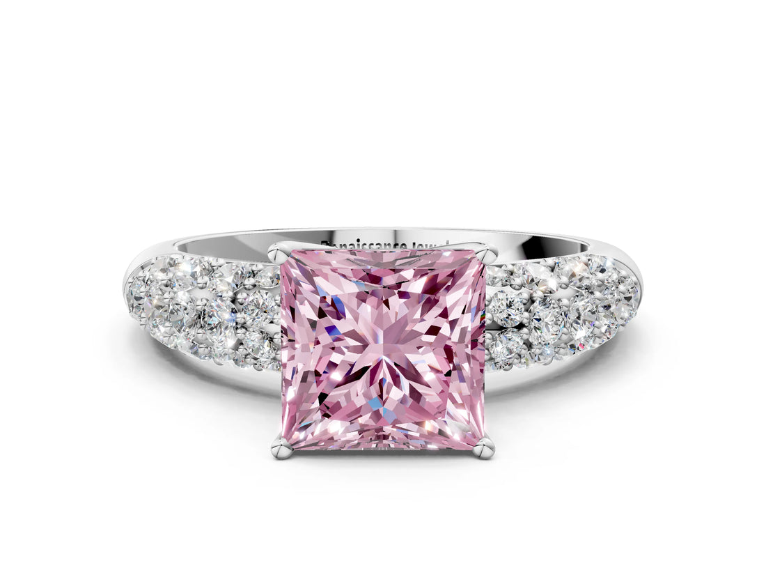 White gold Fancy Pink Princess  Diamond Pavé Band Solitaire Ring with Four-Prong Setting_29