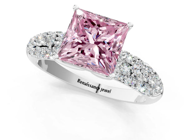 Platinum Fancy Pink Princess  Diamond Pavé Band Solitaire Ring with Four-Prong Setting