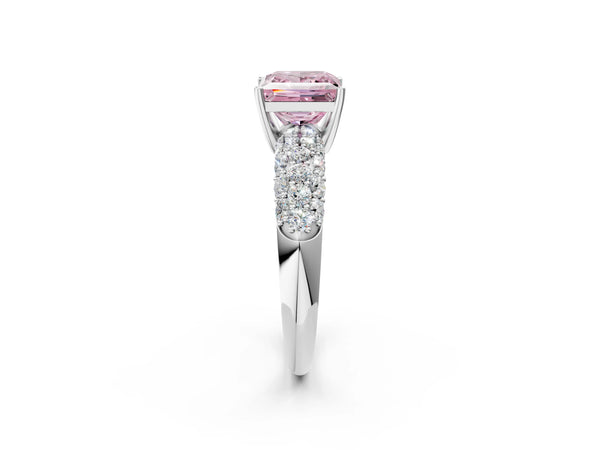 Platinum Fancy Pink Princess  Diamond Pavé Band Solitaire Ring with Four-Prong Setting