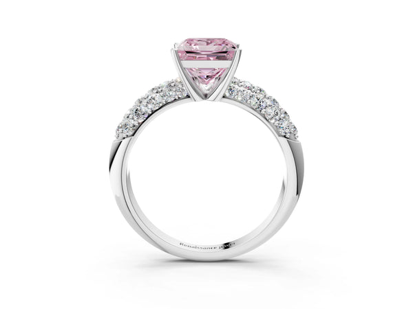 Platinum Fancy Pink Princess  Diamond Pavé Band Solitaire Ring with Four-Prong Setting