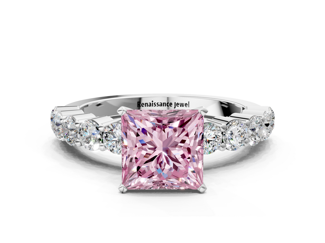 White gold Fancy Pink Princess  Diamond Pavé Band Solitaire with Four-Prong Setting