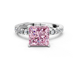 White gold Fancy Pink Princess  Diamond Pavé Band Solitaire with Four-Prong Setting